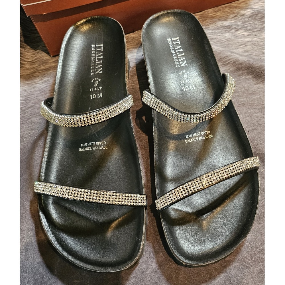 Italian Shoemaker Amena Black Rhinestone Double Strap Slide Sandals Women 10M
